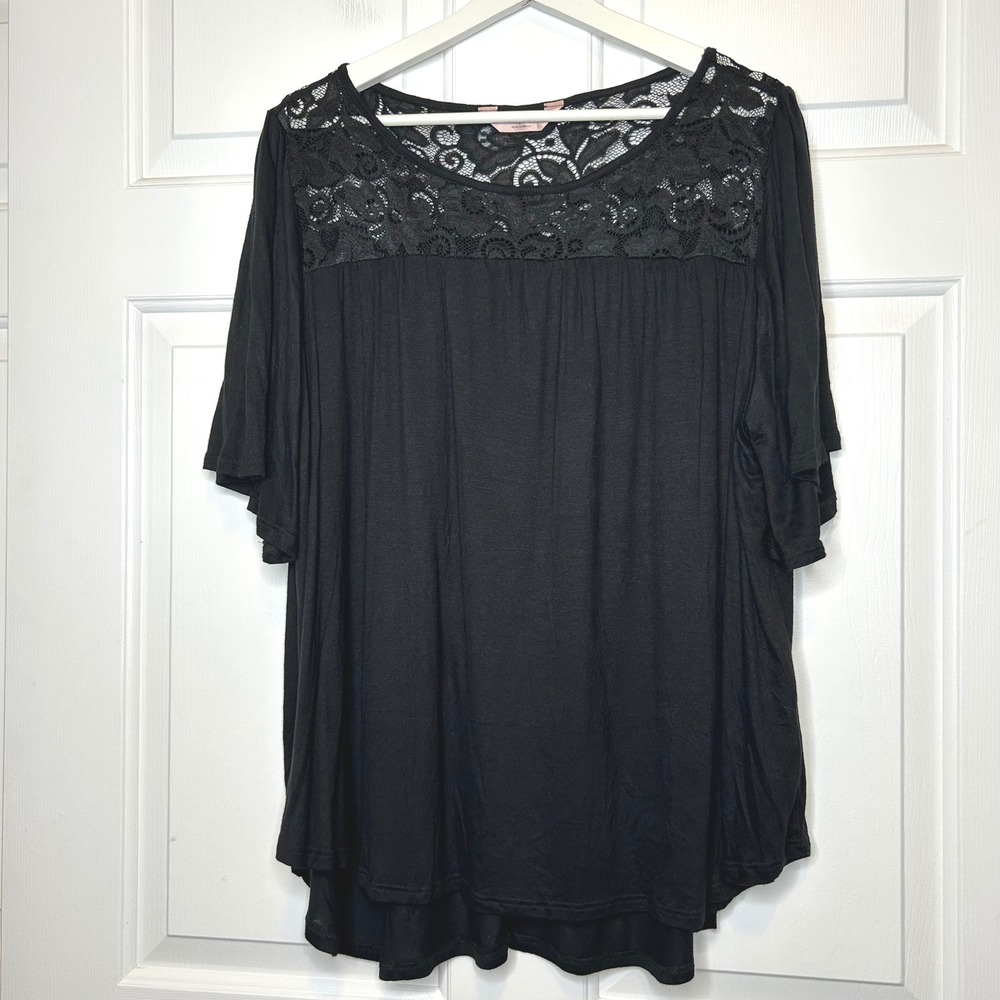 SJS Plus‎ Size 1X Black Lace Flutter Sleeve Blouse Top